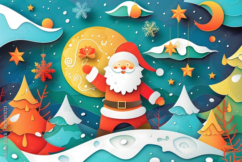 Naklejka premium Vibrant Papercut Style Christmas Landscape with Santa and Snowy Wintry Scene
