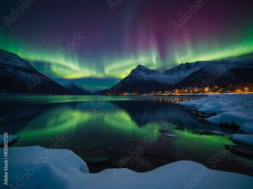 Northern Splendor, Vibrant Aurora Borealis Reflects on the Waters of Norway's Winter Night.