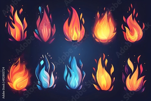 Vibrant Elemental Fire Flames Collection in Flat Style