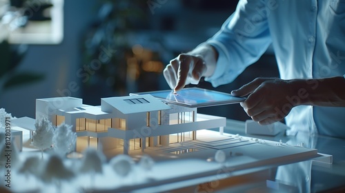 Real estate agent with client or architect team discussing a housing model and its blueprints digitally using a tablet computer : Generative AI