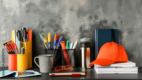 Composition of different promo products Thermo mugs, pens, silver table office clock , notebook,cap On desk grey and background, generative ai