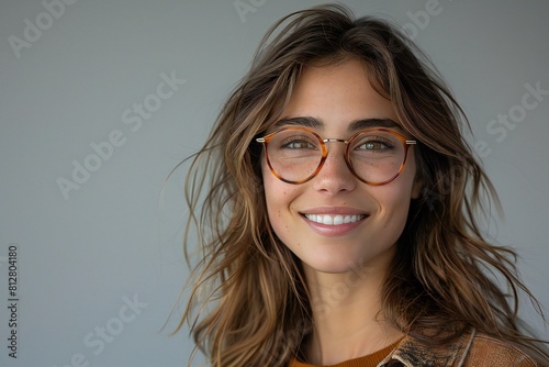 A woman wearing glasses is smiling, high quality, high resolution