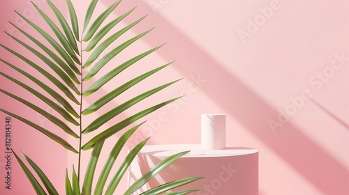 Pastel pink composition with product podium and green palm leaf Suitable for Product Display and Business Concept Modern aesthetic   Generative AI