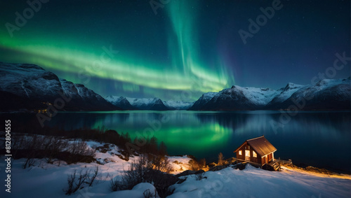 Norwegian Nightscapes, Majestic Aurora Borealis Dancing Above Norwegian Mountains. © xKas