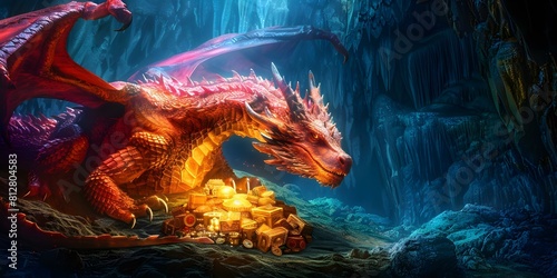 A large dragon protecting a hoard of treasures in a dark cave. Concept Fantasy, Adventure, Dragon, Treasure, Cave photo