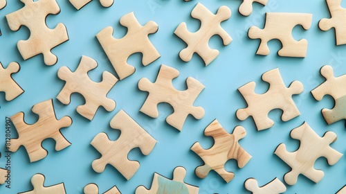 Wooden puzzle pieces on a pastel blue background in a flat lay, concept for customers with unorganized or unrealistic wooden pieces that are not yet complete.   © horizon