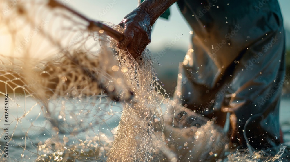Obraz premium Fishing in the water with a fishing net