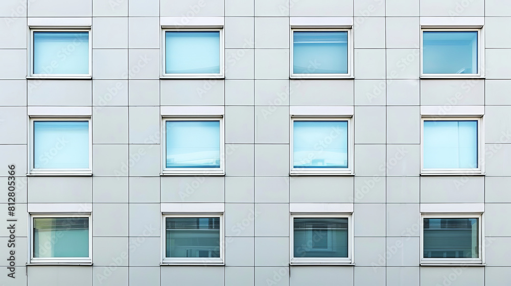 Minimalist architectural facade of a building with uniform windows and gray panels
