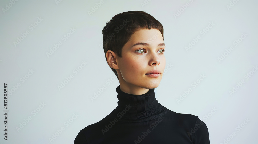 Elegant portrait of a young woman with short hair in a black turtleneck ...