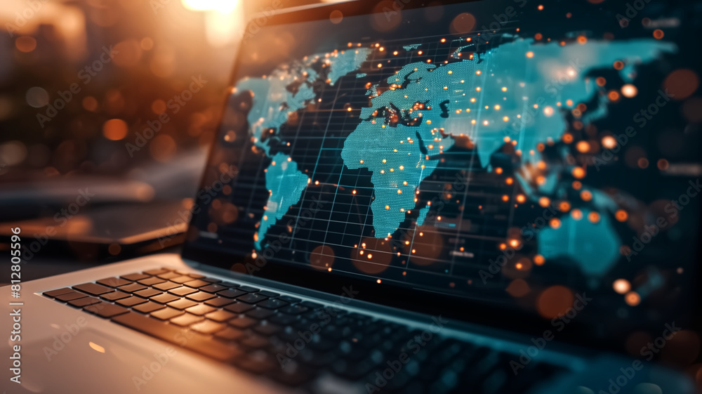 Close-up of a laptop displaying a glowing digital world map, highlighting global connectivity and data communication networks.
Close-up of a laptop displaying a glowing digital world map, highlighting global connectivity and data communication networks.