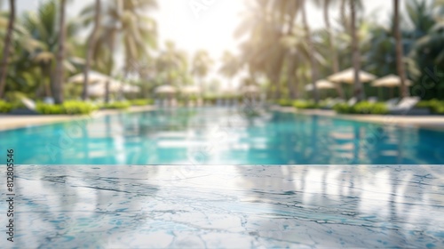 Empty white marble stone table top and blurred swimming pool in tropical resort in summer banner background  can used for display or montage your products   Generative AI