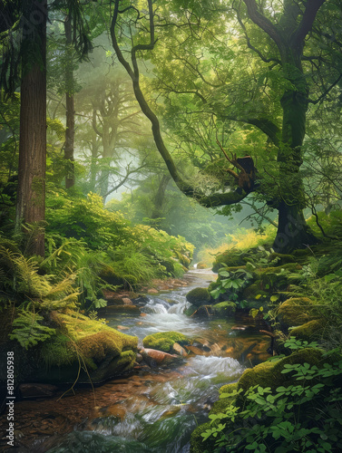 Lush Verdant Forest Oasis with Serene Meandering Stream and Cascading Cascades in High Definition Photography