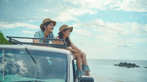 Car road trip travel couple tourists enjoying ocean view relaxing on hood of sports utility car Happy Asian woman man friends smiling on beach : Generative AI