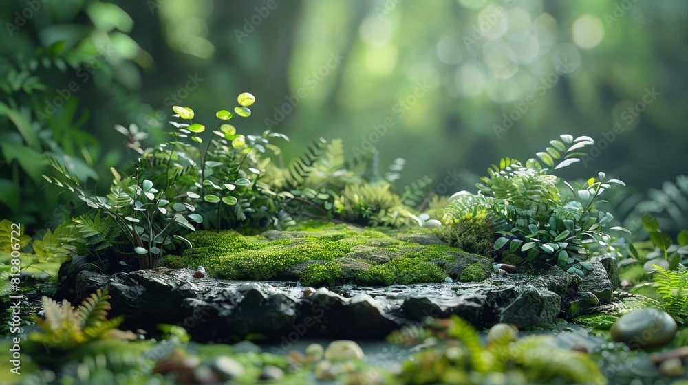 A small garden with a mossy rock in the center A small garden with a mossy rock in the center