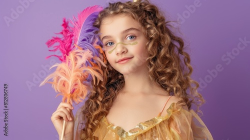 A Girl Holding Colorful Feathers.