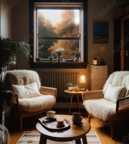 A photo of an interior design, a cozy room with two armchairs in wicker and fur blankets on them, candles burning nearby