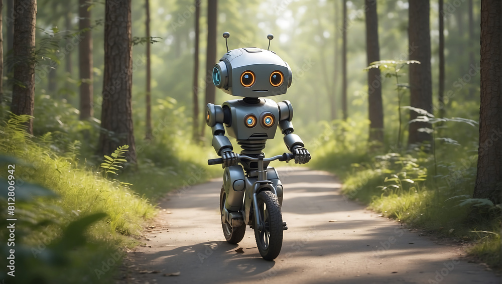 Obraz premium A cute small 3D render robot that is riding a bike in a forest road
