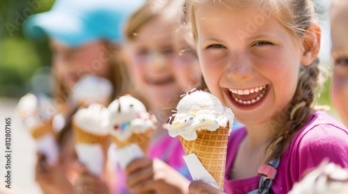 Happy Children Enjoying Ice Cream Cones on a Sunny Day Outdoors. horizontal banner