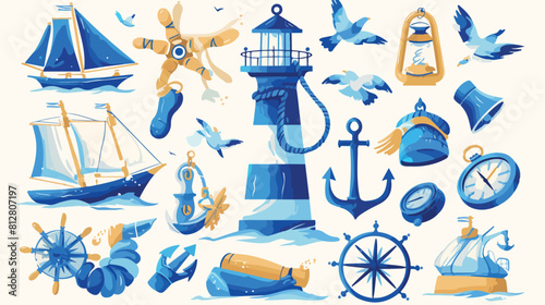 Cartoon nautical elements - lighthouse anchor compa