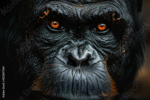 Portrait of a gorilla with orange eyes, Black gorilla close-up