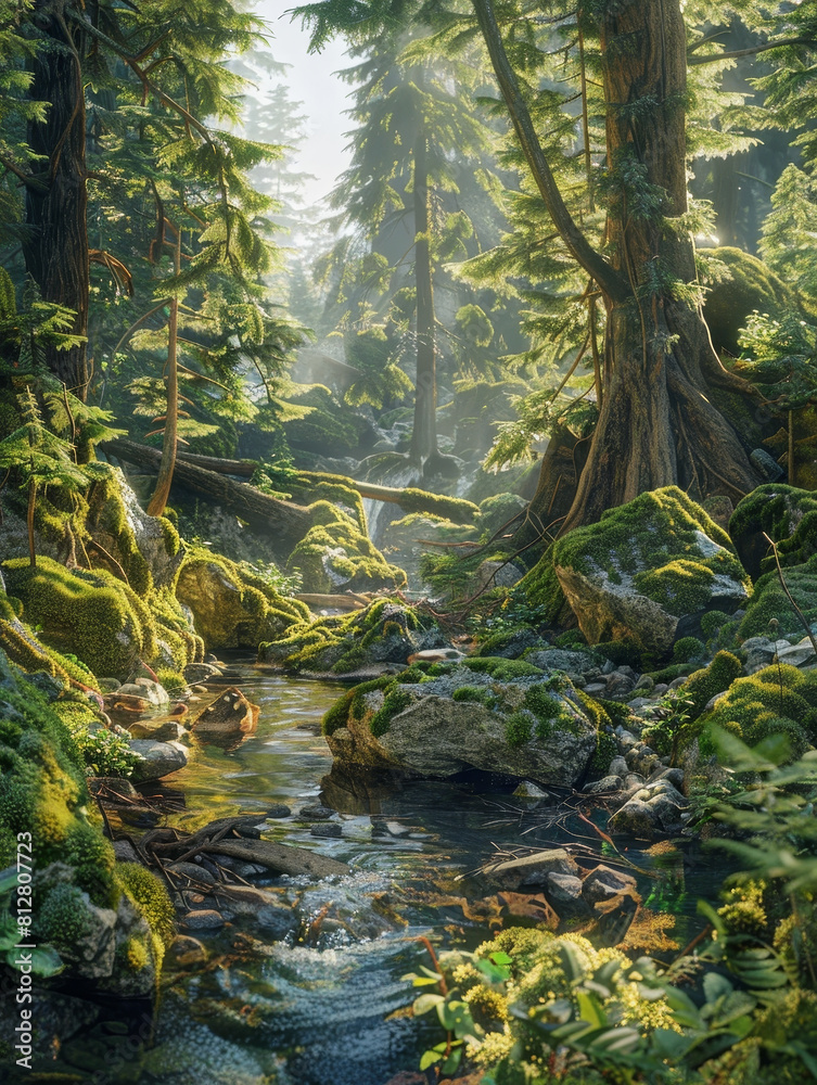 Primordial Forest Landscape with Gnarled Trees and Crystal Clear Flowing Stream