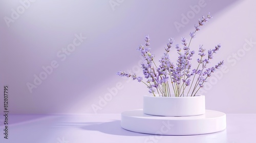 Pedestal for cosmetic product and packaging mockups presentation Cylinder white and purple podiums with fresh lavender flowers on purple background Concept with natural flower : Generative AI photo