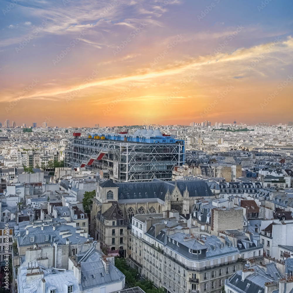 Paris, aerial view of the city, with the Pompidou center, and the Defense in background
