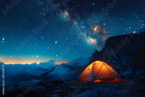 A camp tent with stars in the sky over a mountain