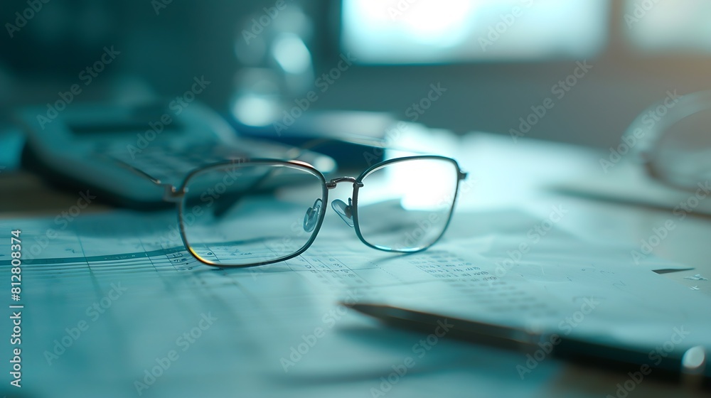 Desk of bookkeeper with balance sheet and calculator on desk focused on eyeglass nobody : Generative AI Desk of bookkeeper with balance sheet and calculator on desk focused on eyeglass nobody : Generative AI