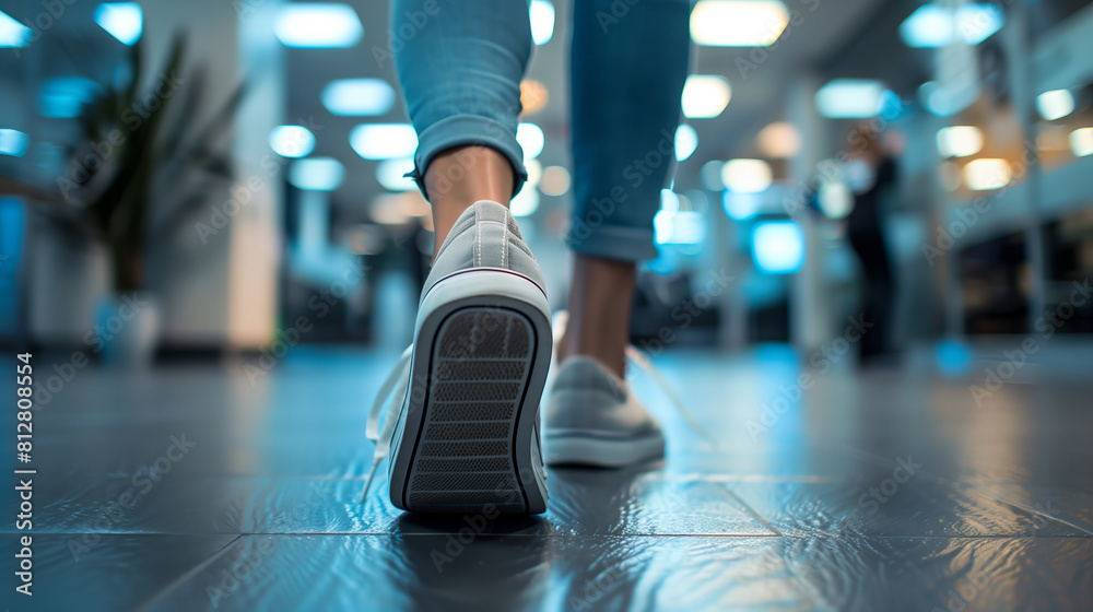 Fototapeta premium Close up of a woman's feet walking in sneakers on the floor, with a blurred office interior background and copy space. A concept for social distance abidance during a business work day