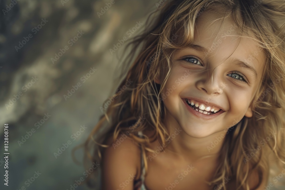 Portrait of a joyful young girl with sunkissed wavy hair and a beaming smile Portrait of a joyful young girl with sunkissed wavy hair and a beaming smile
