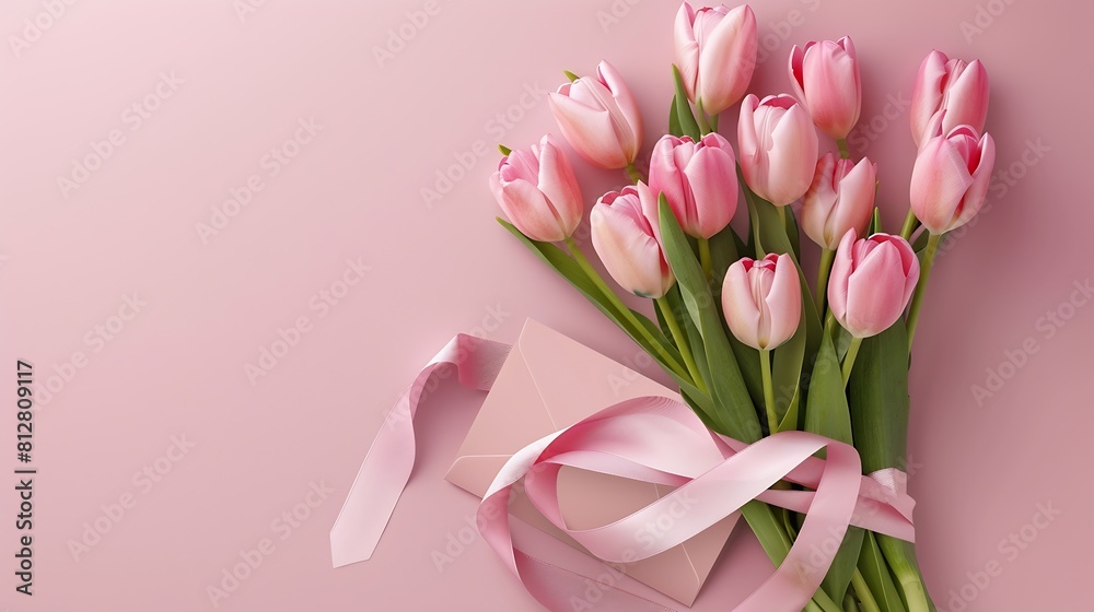 Mothers Day concept Top view photo of bouquet of pink tulips tied with silk ribbon and envelope with postcard on isolated pastel pink background with copyspace : Generative AI Mothers Day concept Top view photo of bouquet of pink tulips tied with silk ribbon and envelope with postcard on isolated pastel pink background with copyspace : Generative AI