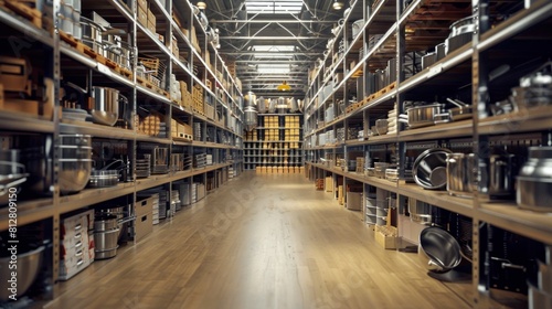 Warehouse shelves filled with various items in a 3D ing advertising photograph
