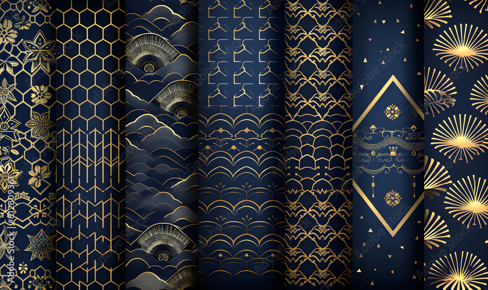 Seamless patterns set with traditional Japanese art deco design elements in navy blue and beige colors, vector illustration. Modern geometric decorative texture for textile fabric print design Seamless patterns set with traditional Japanese art deco design elements in navy blue and beige colors, vector illustration. Modern geometric decorative texture for textile fabric print design