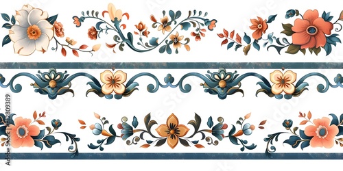 Decorative Floral Borders and Ornamental Patterns in Vintage Botanical Style