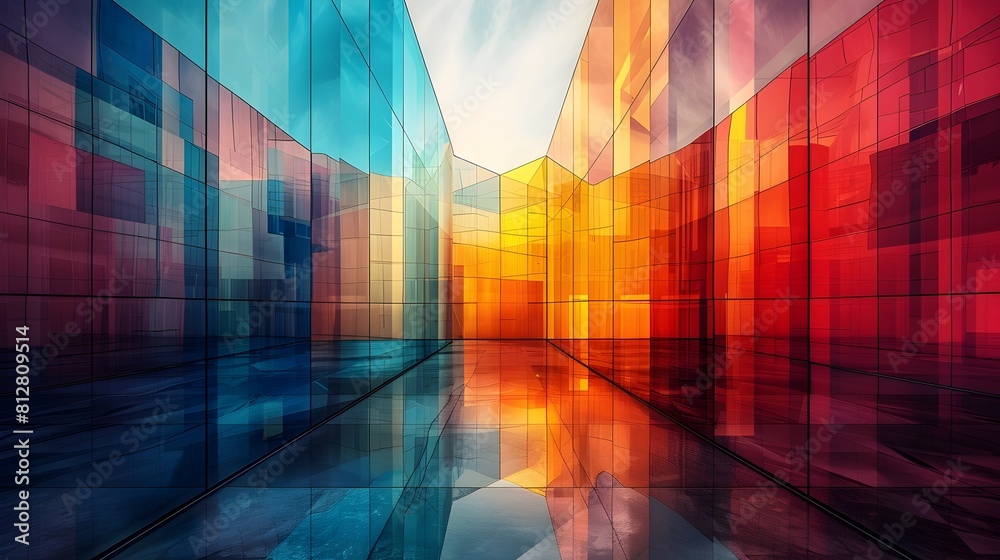 Striking Futuristic Architecture with Vibrant Geometric Reflections in Sleek Urban Cityscape Striking Futuristic Architecture with Vibrant Geometric Reflections in Sleek Urban Cityscape