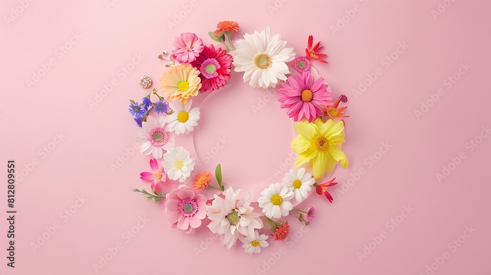 Creative layout made of colorful spring flowers in the paper circle Pastel pink  background Spring summer or garden concept Copy space Flat lay : Generative AI