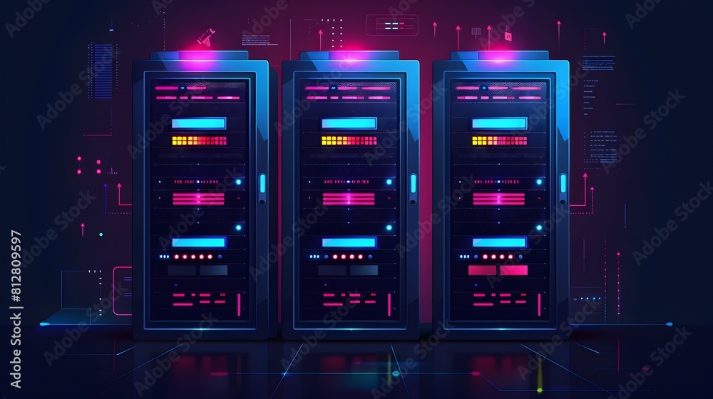 Futuristic Data Server Rack Design in Vibrant Neon Colors description This image presents a visually striking and futuristic design of a data server Futuristic Data Server Rack Design in Vibrant Neon Colors description This image presents a visually striking and futuristic design of a data server