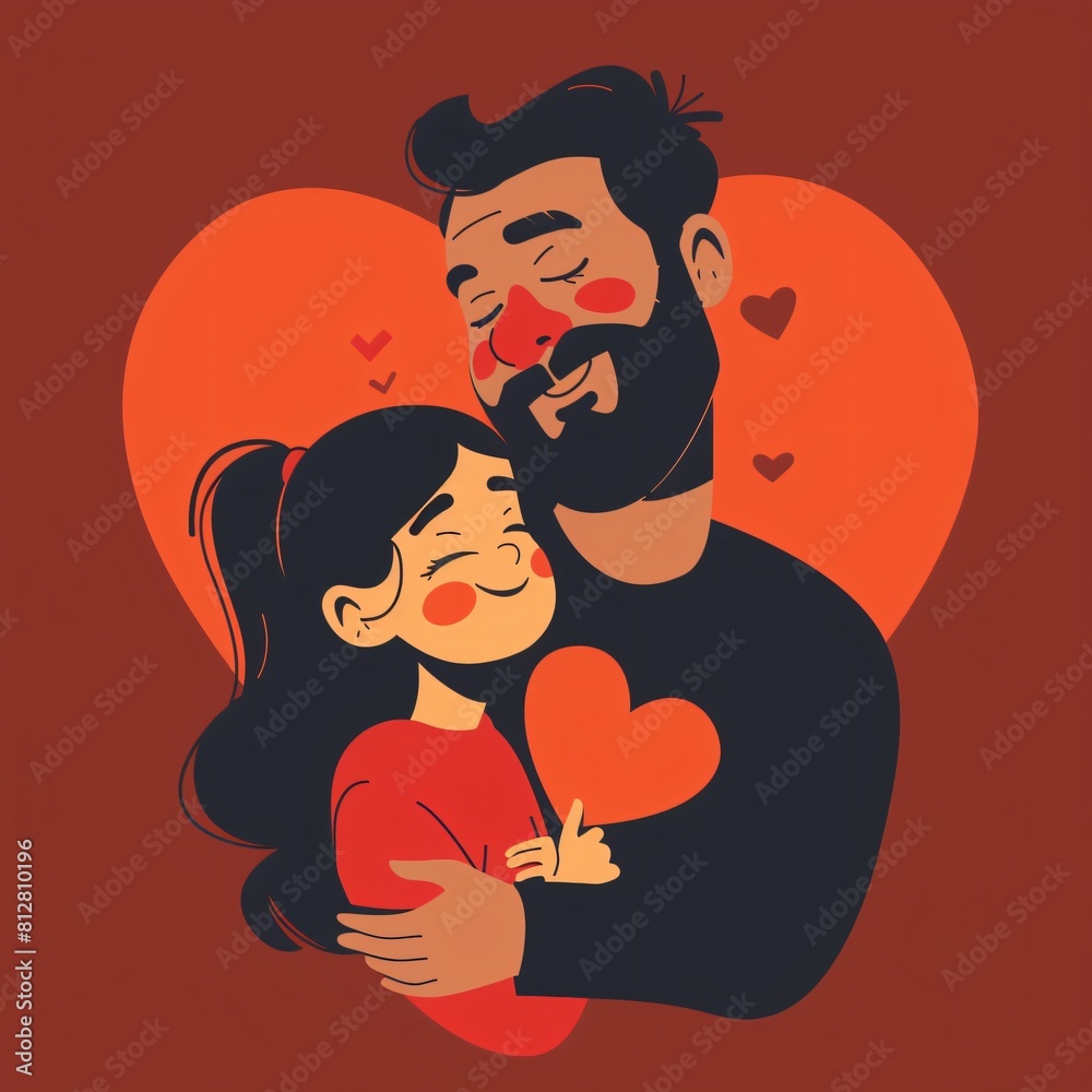 father hugging daughter Decorated with a small red heart on the father's body. and a large background Father's Day celebration card father hugging daughter Decorated with a small red heart on the father's body. and a large background Father's Day celebration card