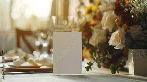 Mockup white blank space card for greeting table number wedding invitation template on wedding table setting background with clipping path : Generative AI