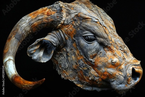 The head of a buffalo made of wood on a black background © Nam