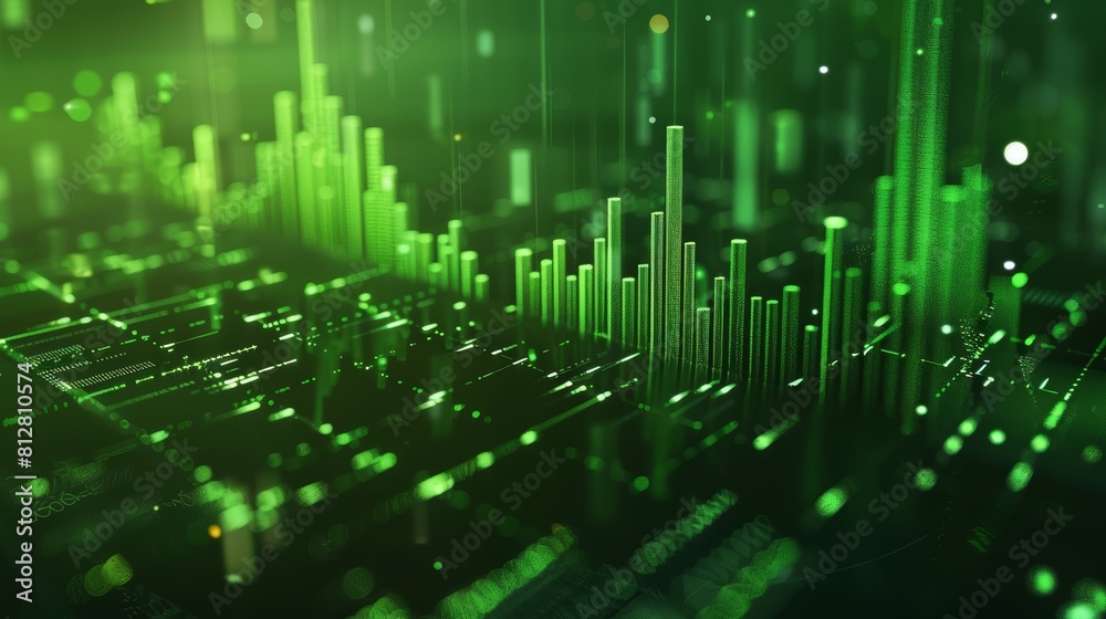 3D rendering of a glowing digital cityscape with green highlights and dynamic bars