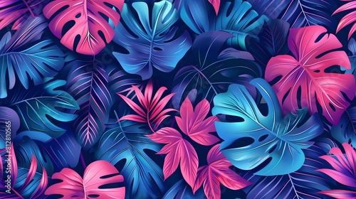 Vibrant Tropical Leaves Botanical Pattern in Vivid Pink Blue and Purple Hues