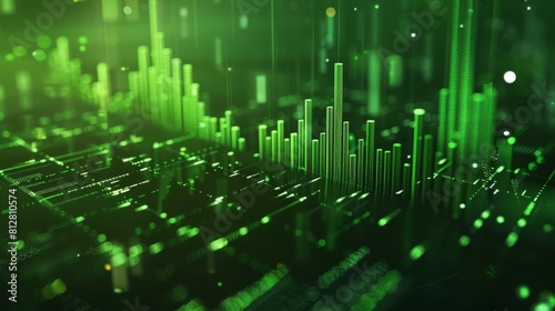 3D rendering of a glowing digital cityscape with green highlights and dynamic bars