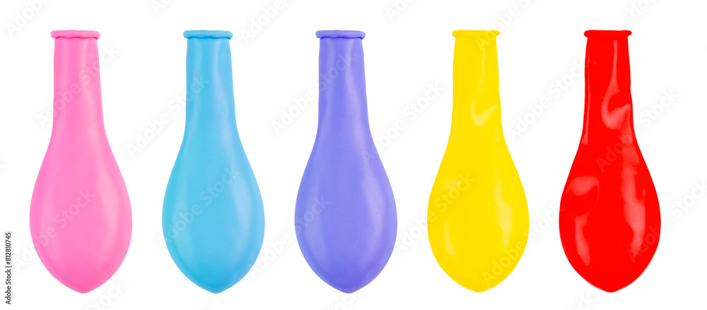 Collection colorful balloons without air isolated on white background. Object for birthday party decor. Collection colorful balloons without air isolated on white background. Object for birthday party decor.