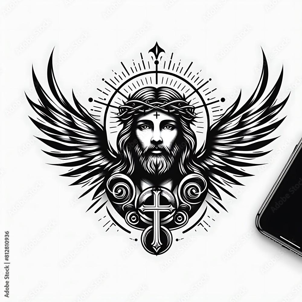 A drawing of a jesus christ with wings and a cross image art realistic harmony card design illustrator. A drawing of a jesus christ with wings and a cross image art realistic harmony card design illustrator.