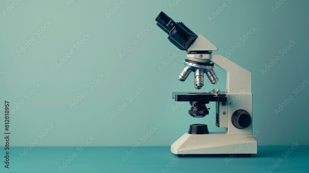 Close-up of a classic microscope on a teal background with soft shadows. Close-up of a classic microscope on a teal background with soft shadows.