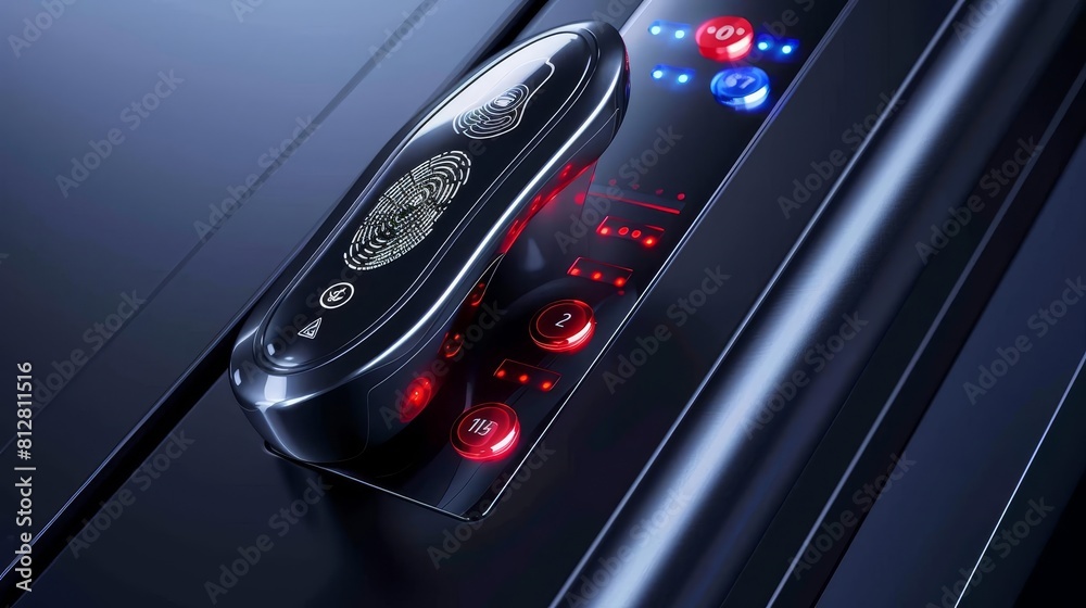 Hightech door lock with biometric fingerprint access, top view Secure entry technology with a futuristic tone and vivid colors Hightech door lock with biometric fingerprint access, top view Secure entry technology with a futuristic tone and vivid colors