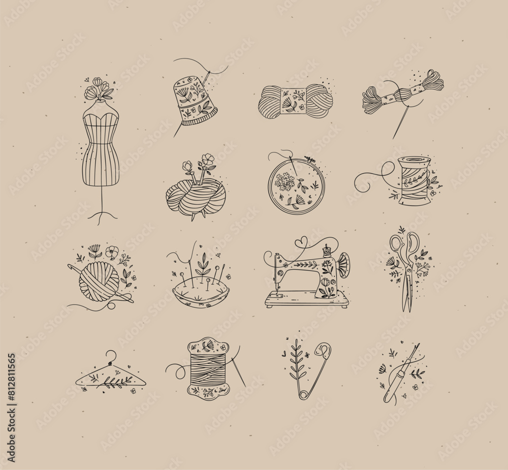 Sewing item icons scissors, mannequin, pin, thimble, wool, threads, yarn, skein, bobbin, pillow, sewing machine, hanger, embroidery circle hook drawing in floral style on coffee color background