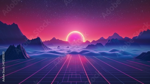 Digital sunset with glowing pathway and futuristic terrain. Retro-futurism style artwork.